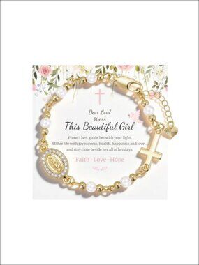14k Gold Plated Rosary Bracelet with Simulated Pearl Beads
